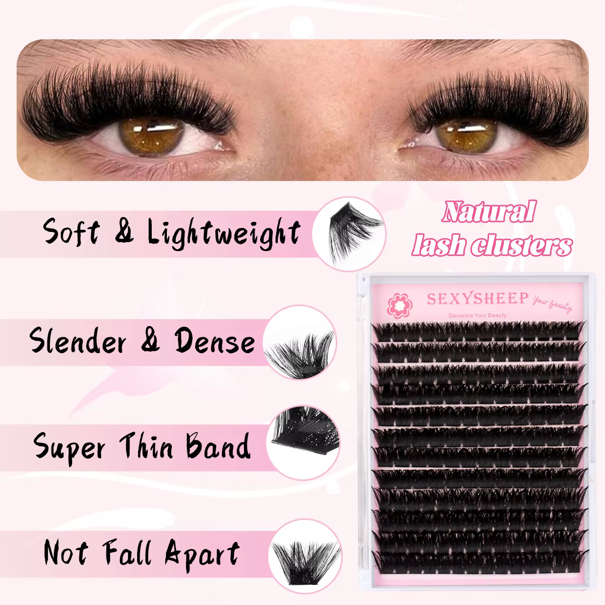 Kit de cils en grappes DIY, courbure D, styles naturels ou épais, 8-16 mm, avec colle et pince à cil