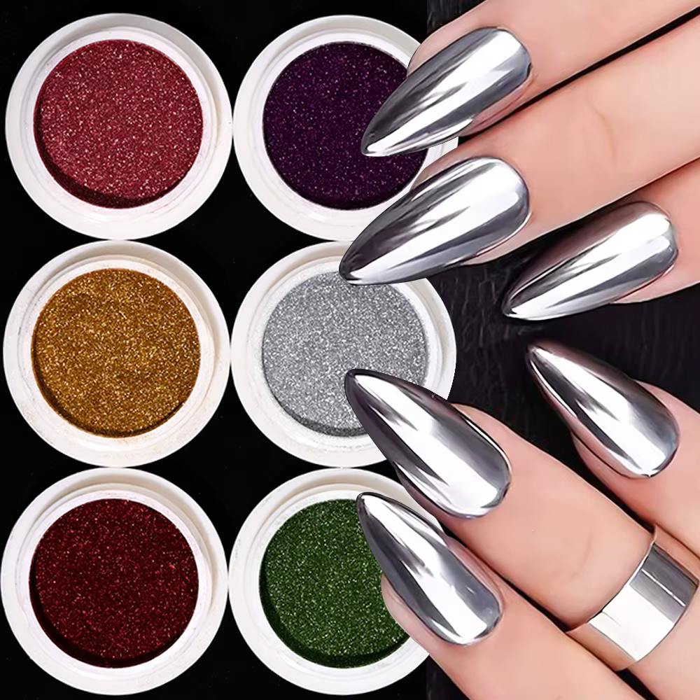 6 pots de poudre magique effet miroir caméléon + paillettes holographiques pigmentées pour ongles, d