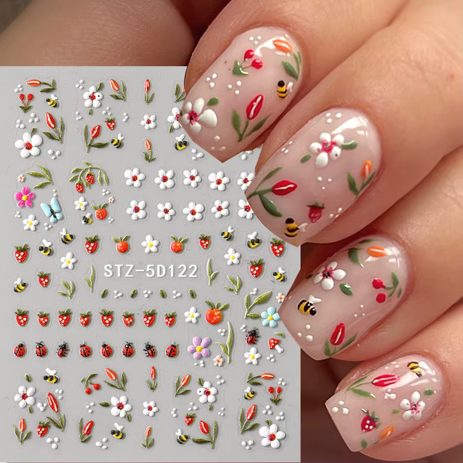 5D en relief Kawaii coccinelle curseurs printemps blanc marguerite fleurs ongles autocollants bricol