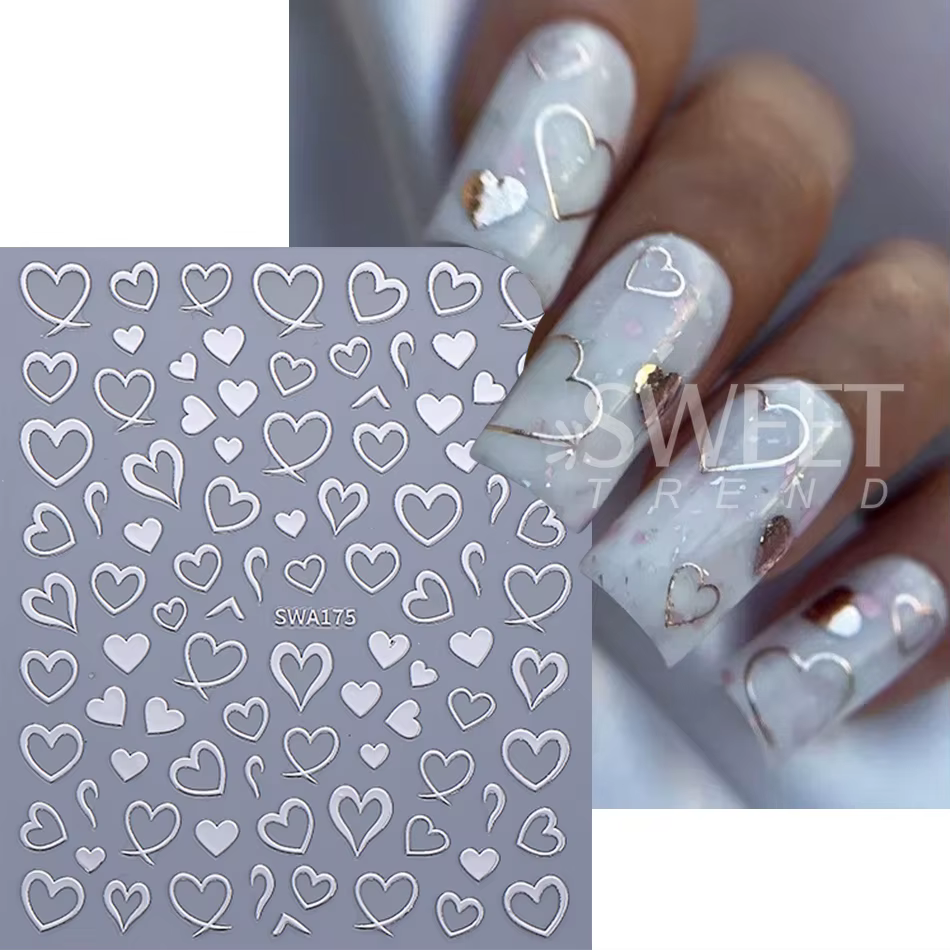 Autocollants pour ongles en forme de cœur d'amour bronzant, 3 pièces, ligne rouge or argent, décalco