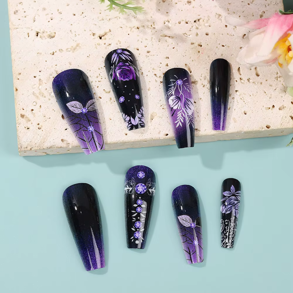 Fleur violette presse sur ongles 24 pièces amande/café portable faux ongles fleur imprimé femme bric
