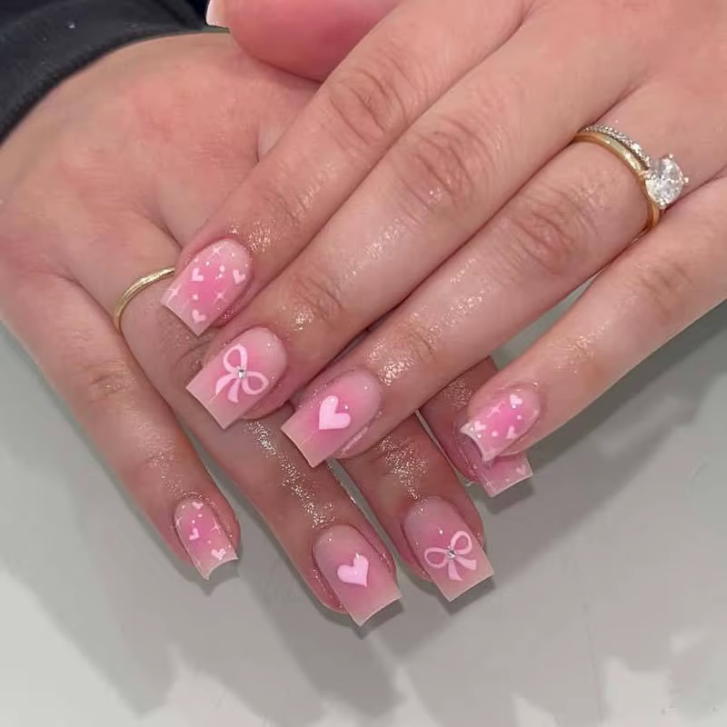 24 pièces de faux ongles simples, motifs floraux, carrés, faux ongles français courts, ballet, à pre