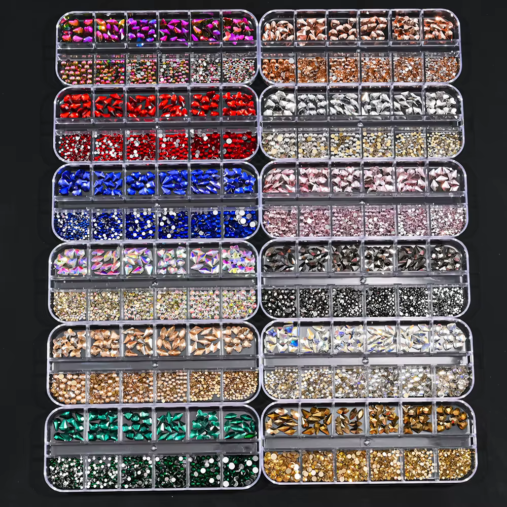 Strass pour Nail Art, 12 grilles, vert, bleu, tailles mixtes, cristal, dos plat, breloques pour ongl