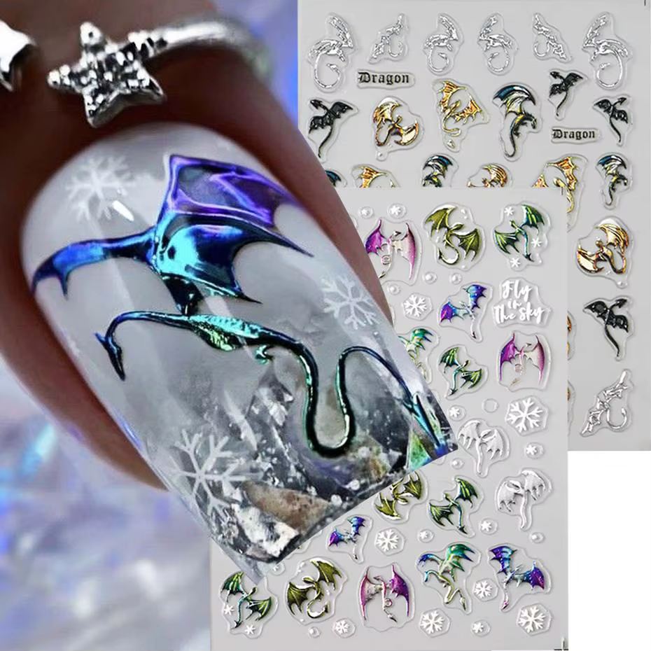 1/2 pièces 5D en relief métallique coloré Dragon ongles autocollants flocons de neige auto-adhésif b
