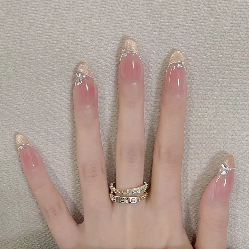 24 pièces amande Pure fait à la main presse sur les ongles couverture complète papillon français per