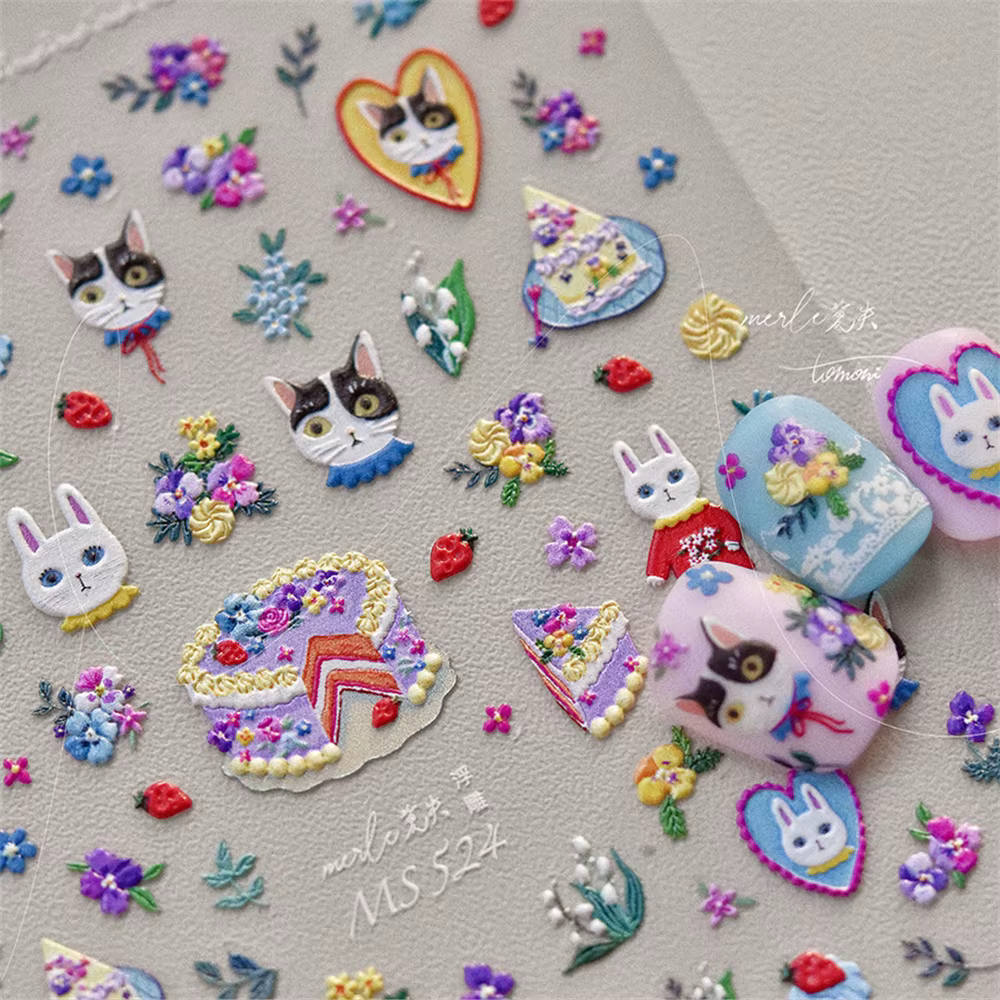 Autocollants 5D chat Kawaii pour Nail Art, 1 pièce, Relief, dessin animé japonais, gâteau rétro, ani