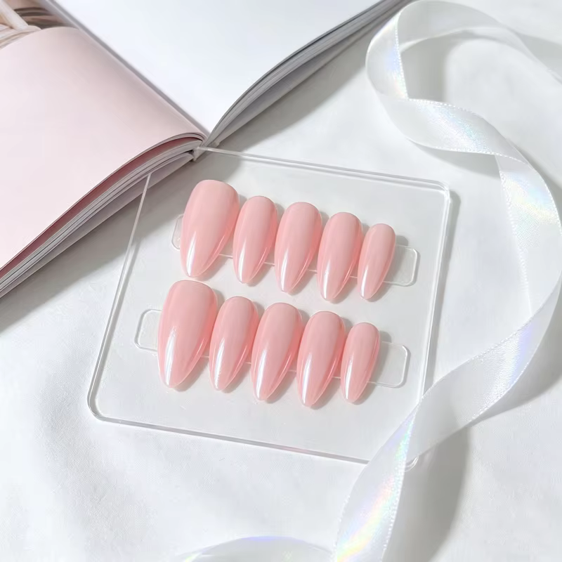 10 faux ongles Aurora rose faits à la main, brillants, en forme d'amande, réutilisables, naturels, p
