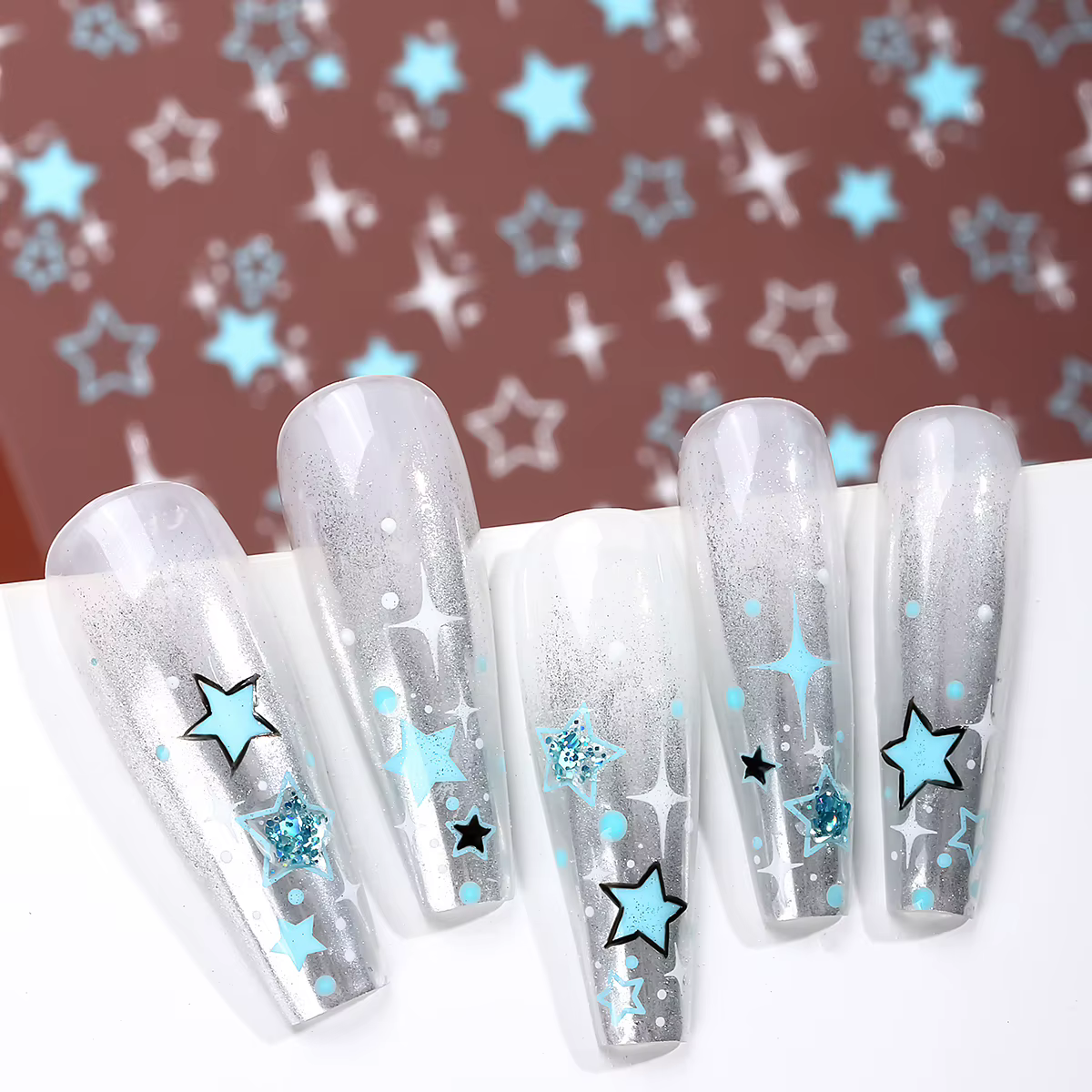 Autocollant étoile 3D noir et blanc pour Nail Art, décalcomanies auto-adhésives pentagramme Y2K, cur