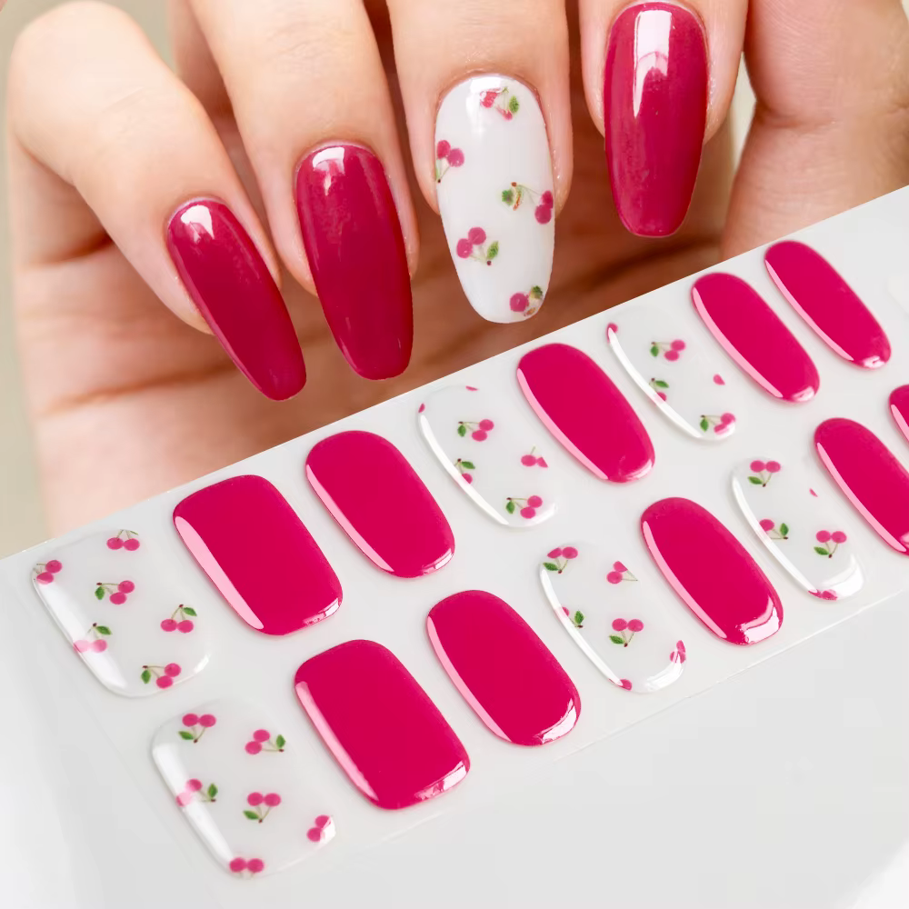 Autocollants pour ongles en gel UV semi-durcis à motif fleur de cerisier rose, couverture complète,