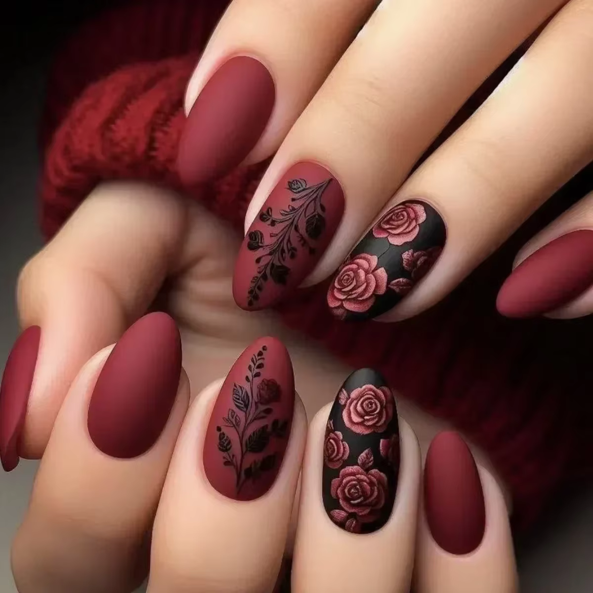 Faux ongles français en amande mate, avec colle, impression de feuilles de Rose, Nail Art, couvertur