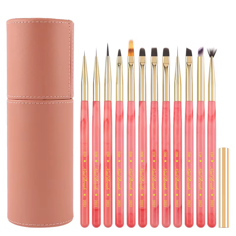 Lot de 12 pinceaux de nail art roses avec manche en jade incrusté, poils doux, capuchons dorés, pour