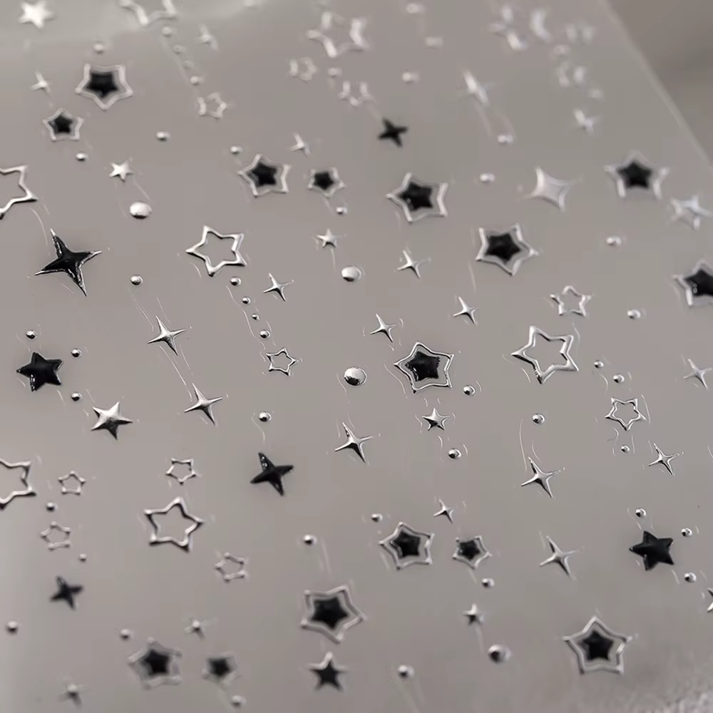 Autocollants pour ongles étoiles de luxe 5D, décalcomanies pour Nail Art, noir et argent, dorure ajo