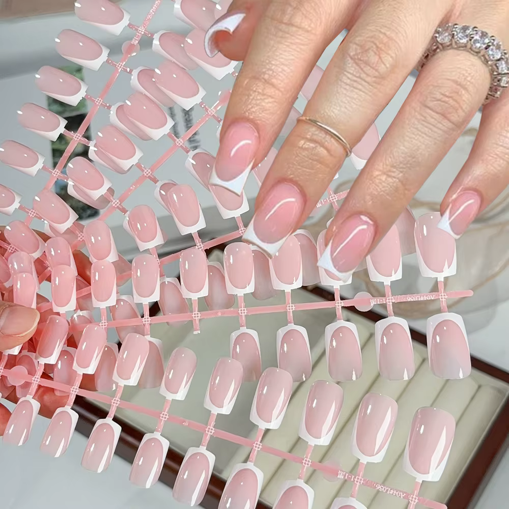 120 pièces court carré blanc français faux ongles conseils nu rose cercueil en forme brillant presse