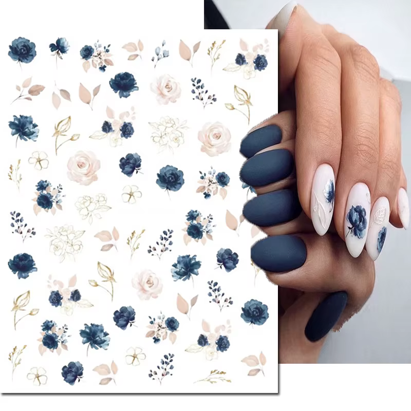 3d Nail Art décalcomanies élégant blanc RoyalBlue Roses fleurs adhésif curseurs ongles autocollants 