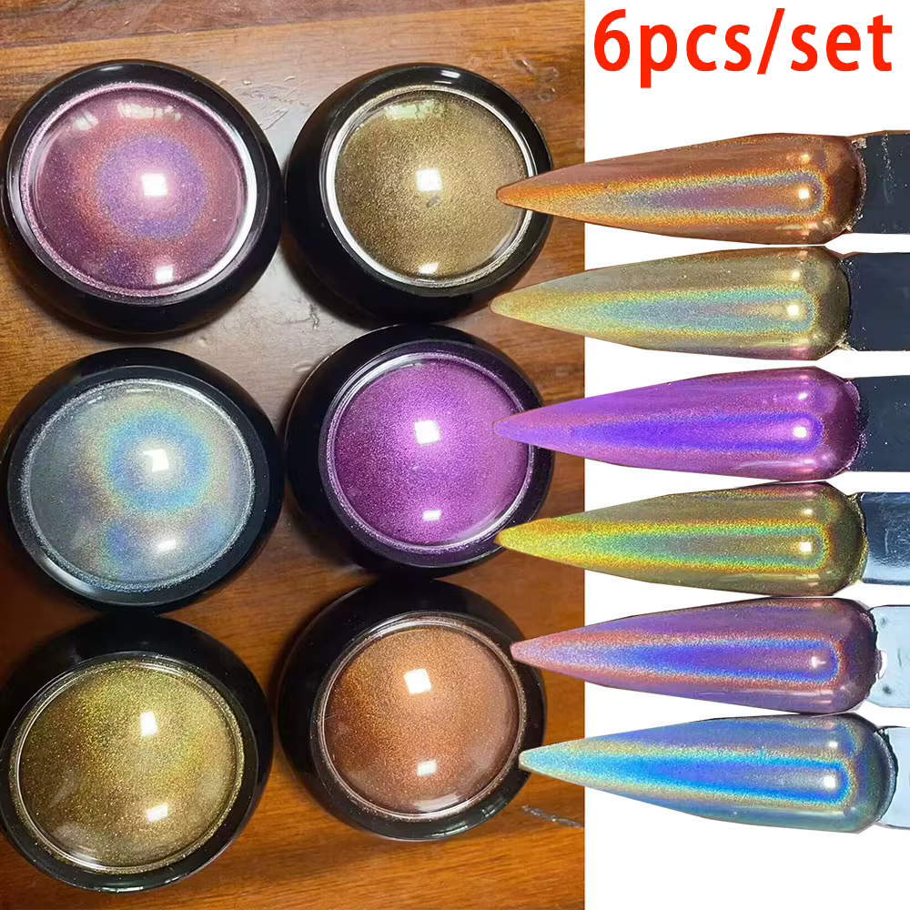 Poudre à ongles Laser chromée 6 couleurs, miroir holographique, Pigment pailleté, argent/or, poussiè