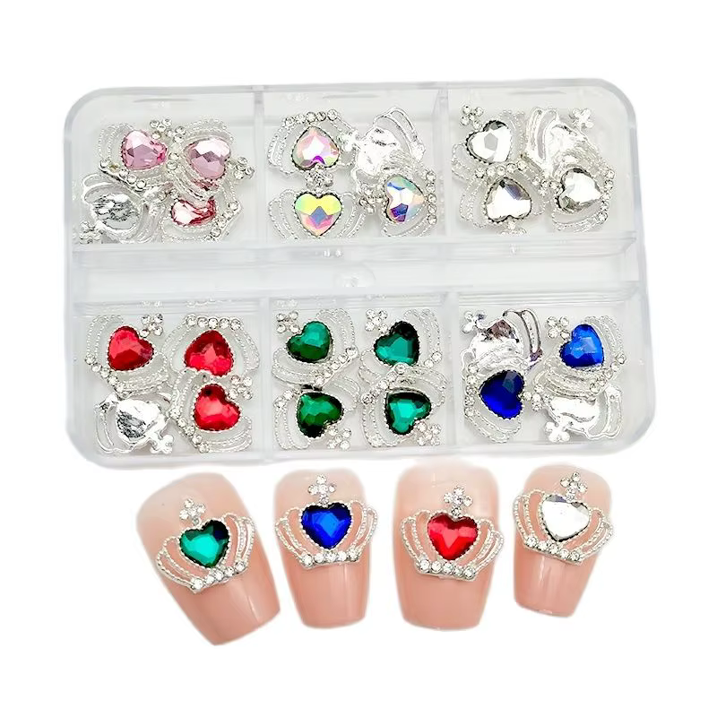 6 compartiments de strass pour ongles, breloques croix planète Saturne, bijoux de luxe pour ongles,