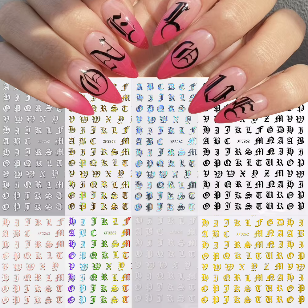 3D paillettes gothique lettre Design Nail Art autocollants majuscules Alphabet lettres conceptions a