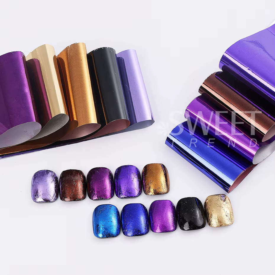 Feuilles de transfert d'ongles métalliques, 10 pièces, miroir or argent violet étoilé papier Gel ver