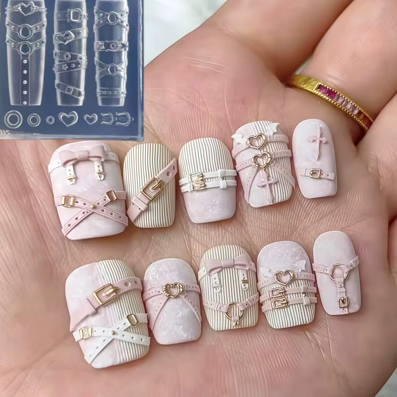 Moule à ongles en silicone transparent, motif boucle de ceinture, cœur, cadenas, décoration 3D pour 