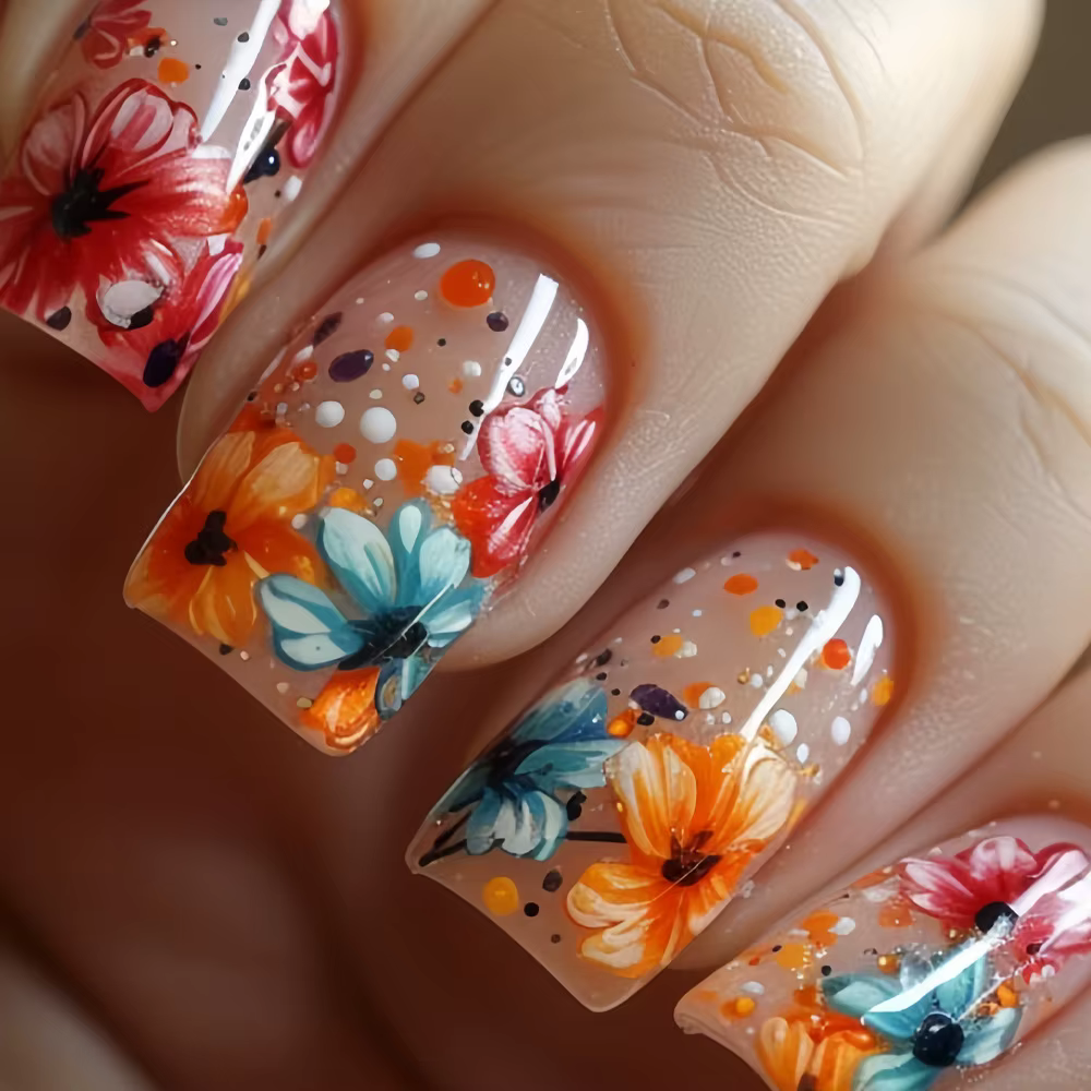 24 pièces/ensemble faux ongles mi-longs dégradé bleu océan poisson soleil fleurs papillon carré ball