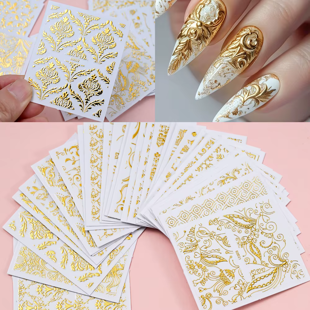 30 feuilles or fleurs métalliques vigne Nail Art décalcomanies 3D dentelle fleur autocollant pour on