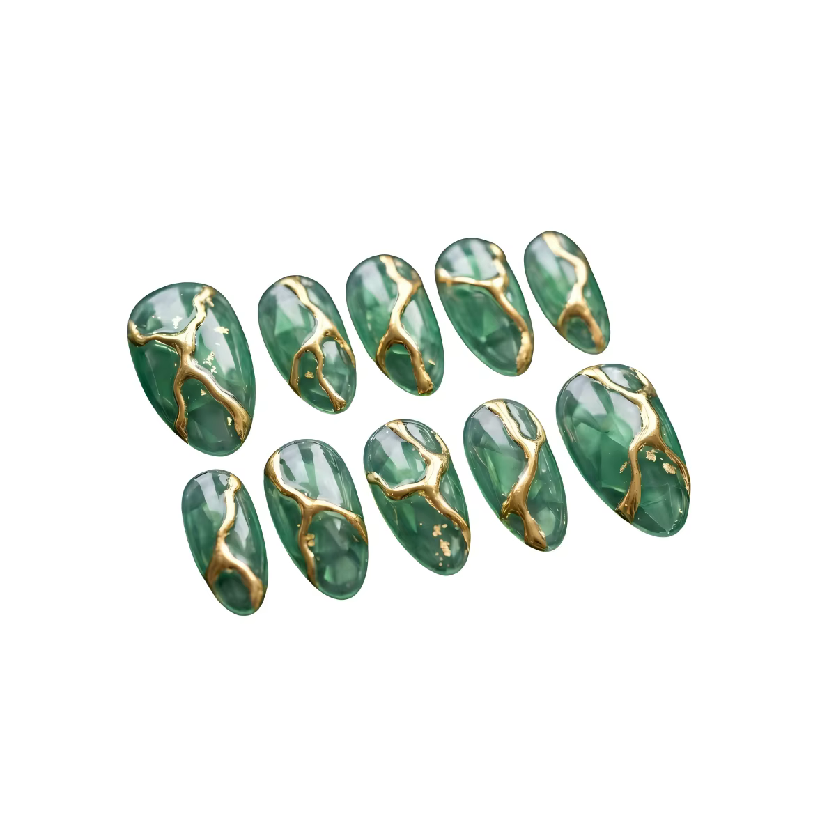 LumiTips Faux Ongles Press-On Faits Main Amande Vert Émeraude Jade avec Veines Dorées 3D   Faux ongl
