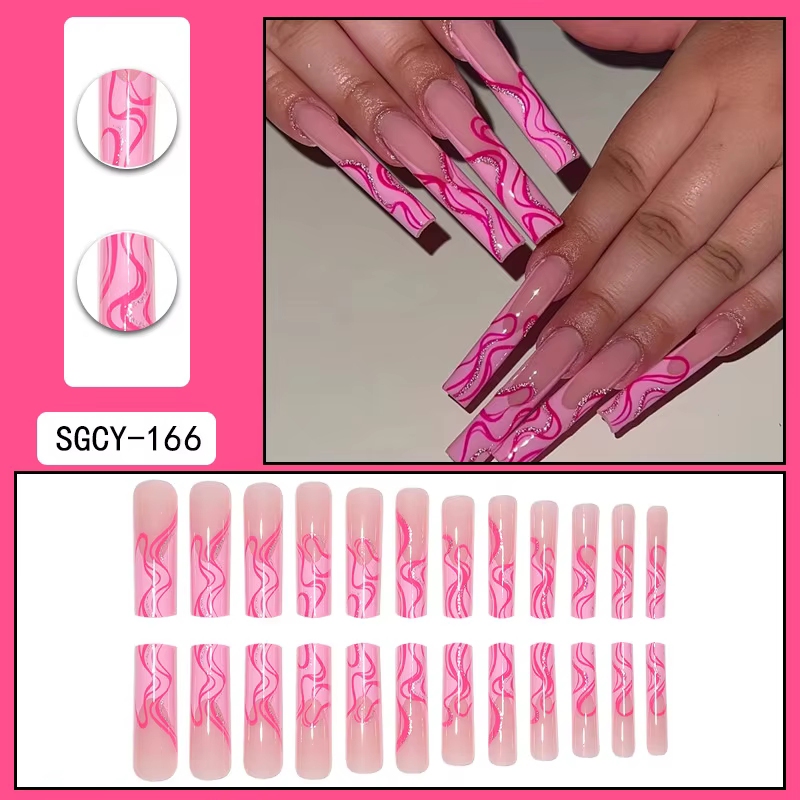 24 pièces de faux ongles Ultra longs en forme de cercueil, à pression, motif français, dégradé et fl