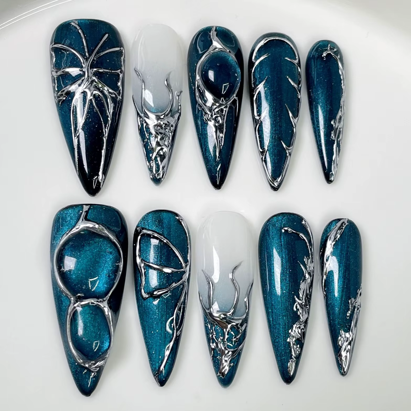 10 faux ongles bleus à presser avec strass, longs en acrylique, forme amande, pour filles stylées