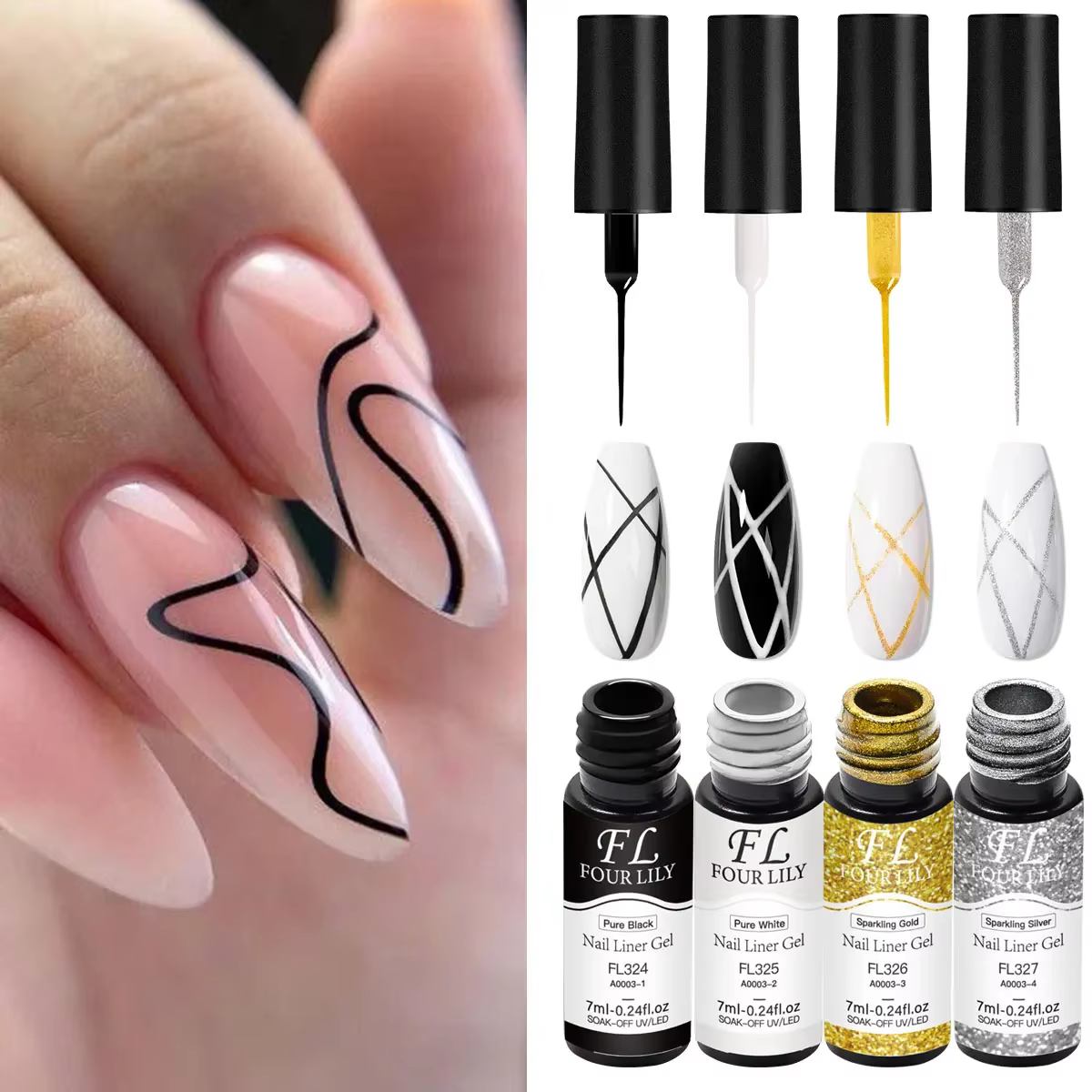 Kit de vernis à ongles Gel, 4 pièces, noir, blanc, or, argent, fournitures pour ongles, Vernis, Desi