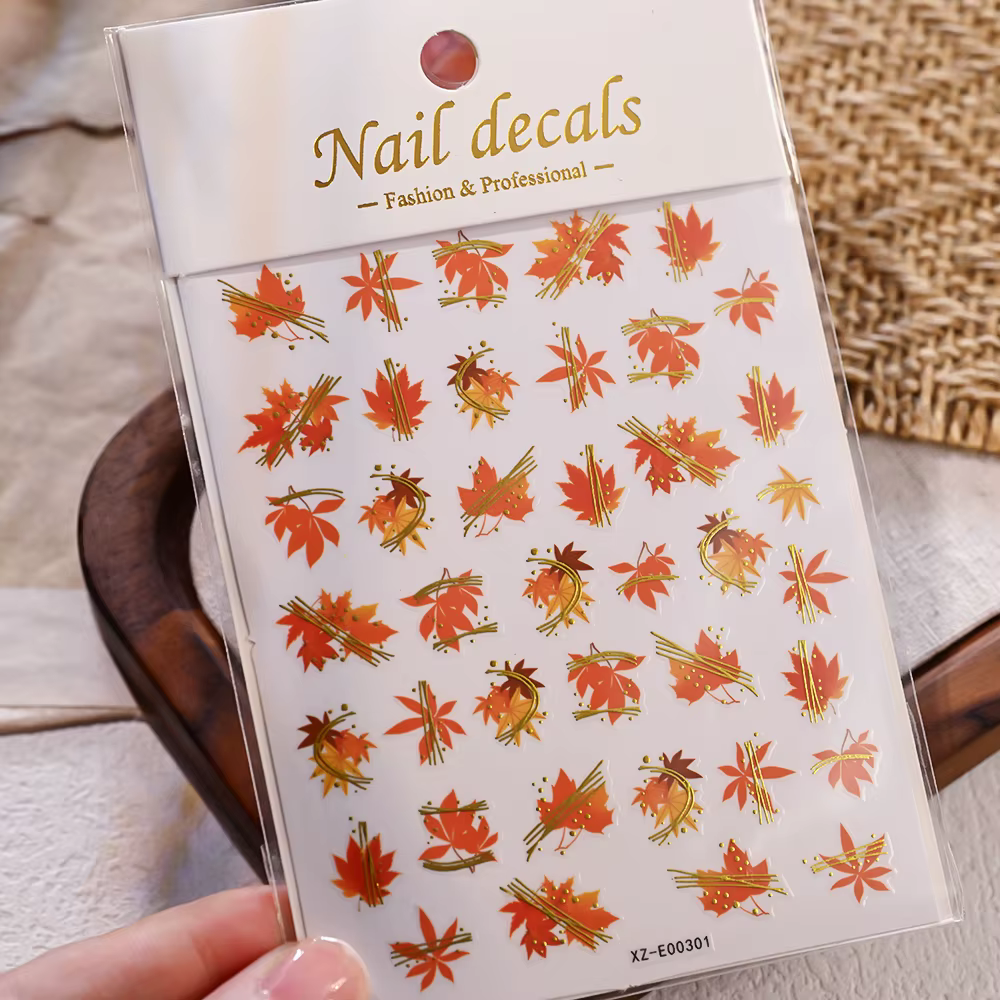 5D en relief gelée feuille d'érable Nail Art autocollant or rouge automne feuilles d'érable ongles d