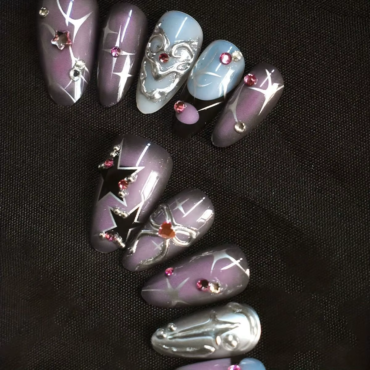 Faux ongles violet foncé, Design diamant 3d, à pression faite à la main, couverture complète, portab
