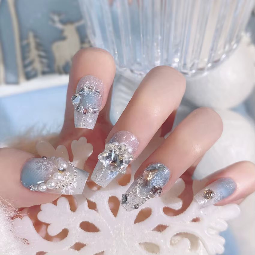 Blush rose faux ongles nœud papillon diamant perle conception 3D presse sur les pointes d'ongles ave