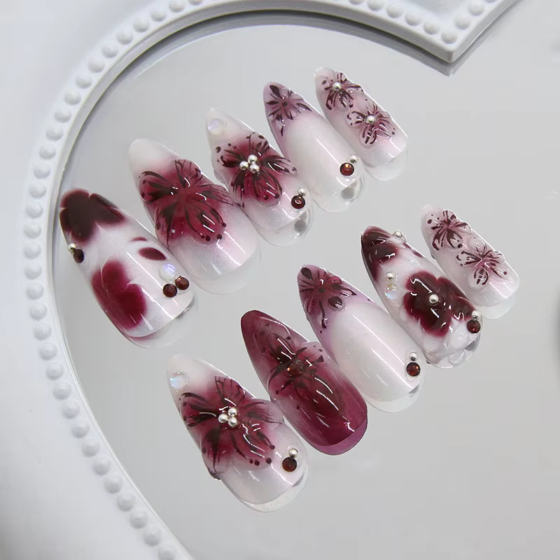 24 pièces fleur impression presse sur ongles vin rouge Blush amande faux ongles conseils portable ré