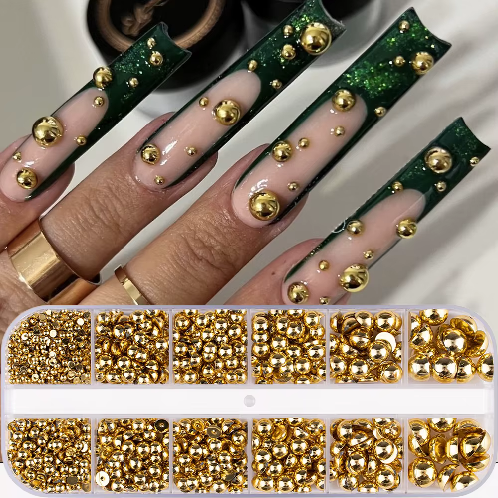 12 grille/boîte 3D or argent demi-rondes perles en acier breloques pour ongles 2-8MM Flatback perle 