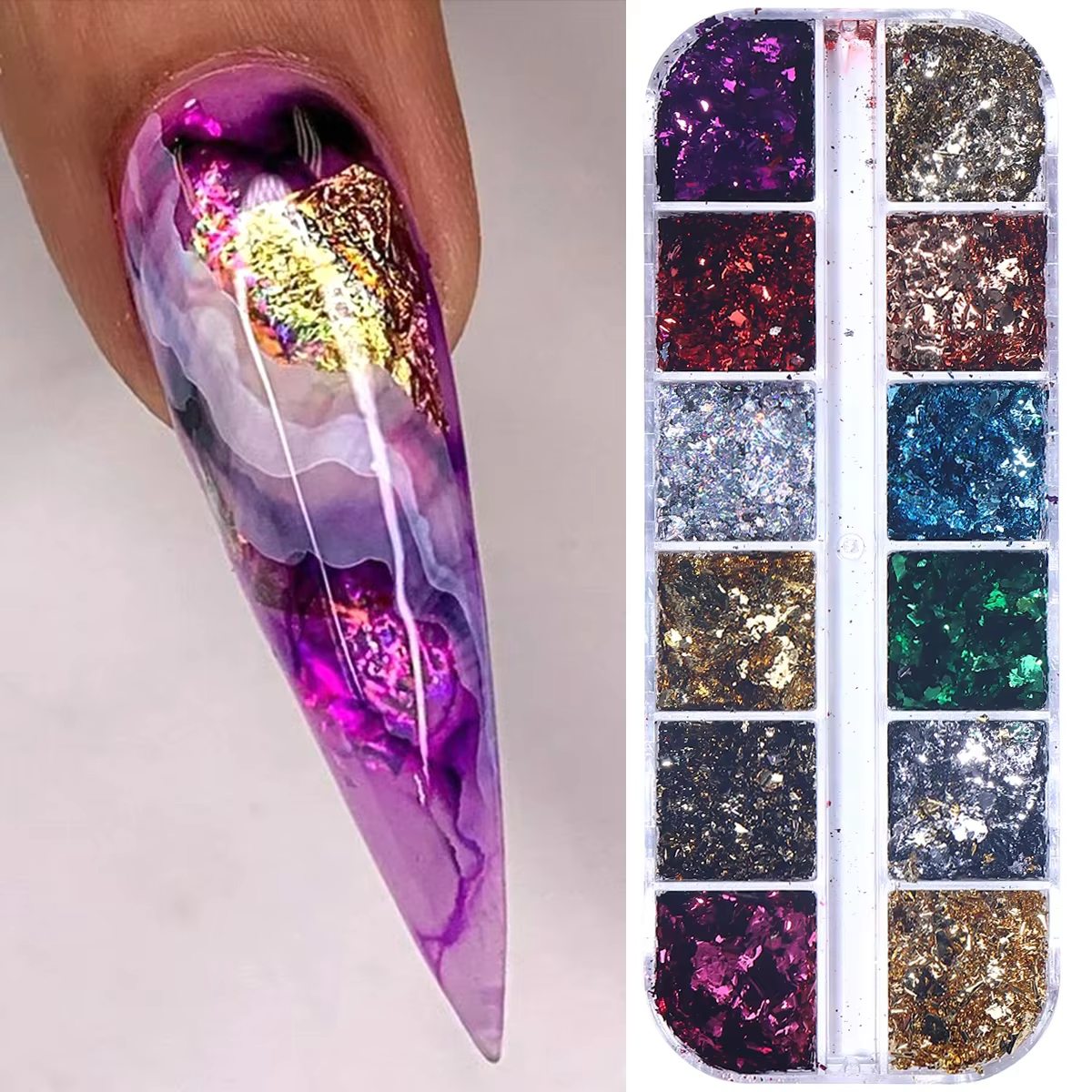 Feuilles d'or Double couleur 12 grilles, magnifiques paillettes pour ongles, scintillantes irréguliè