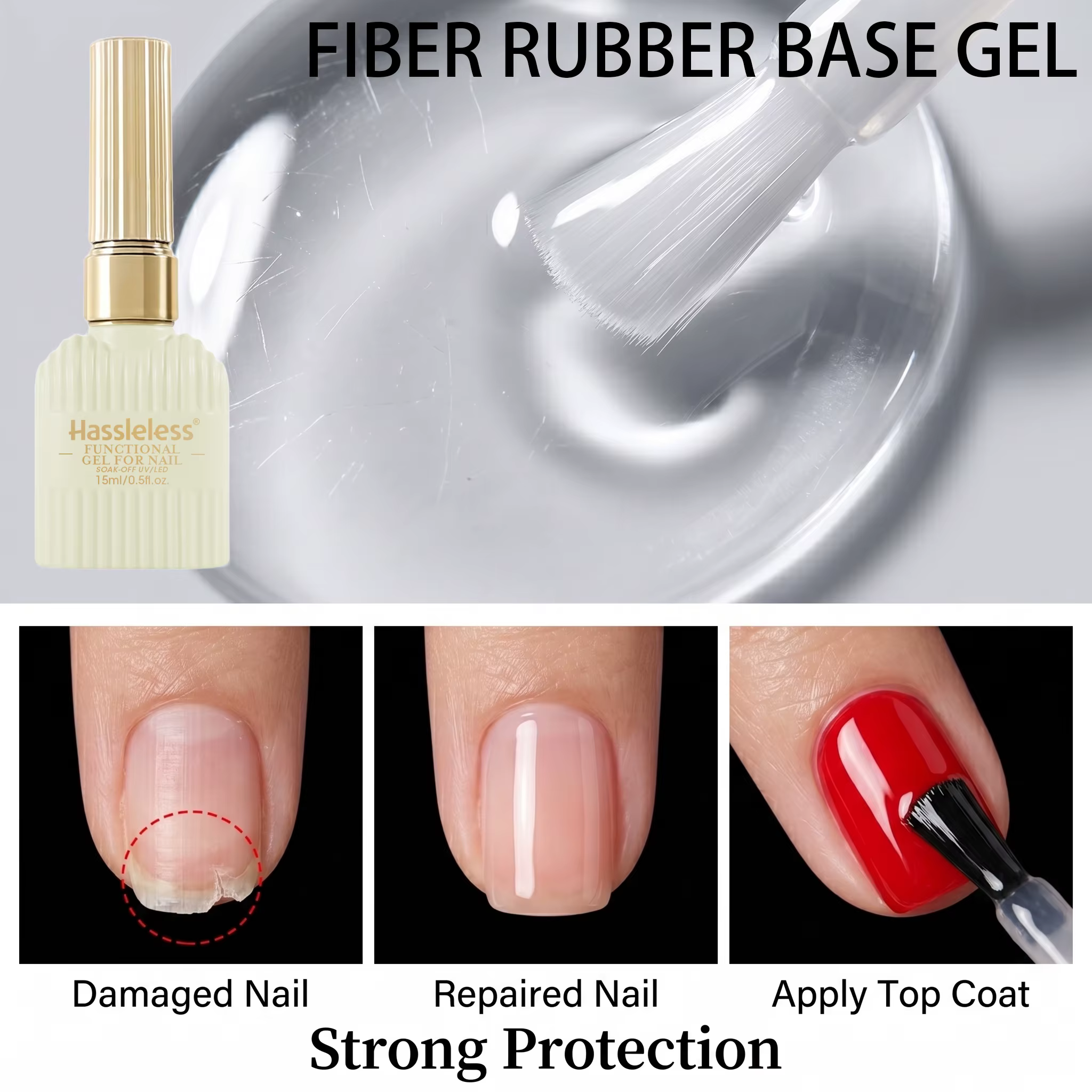 Gel de base en fibre de caoutchouc Hassleless 15ml, durcissement UV/LED, répare les ongles abîmés, r