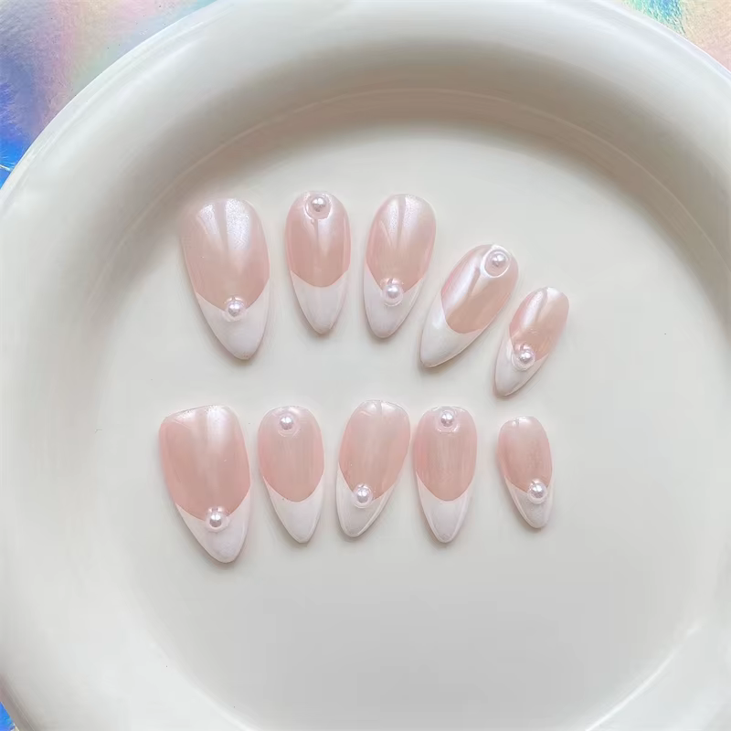Aurora fait à la main presse sur ongles blanc amande français faux ongles moyen portable manucure Si