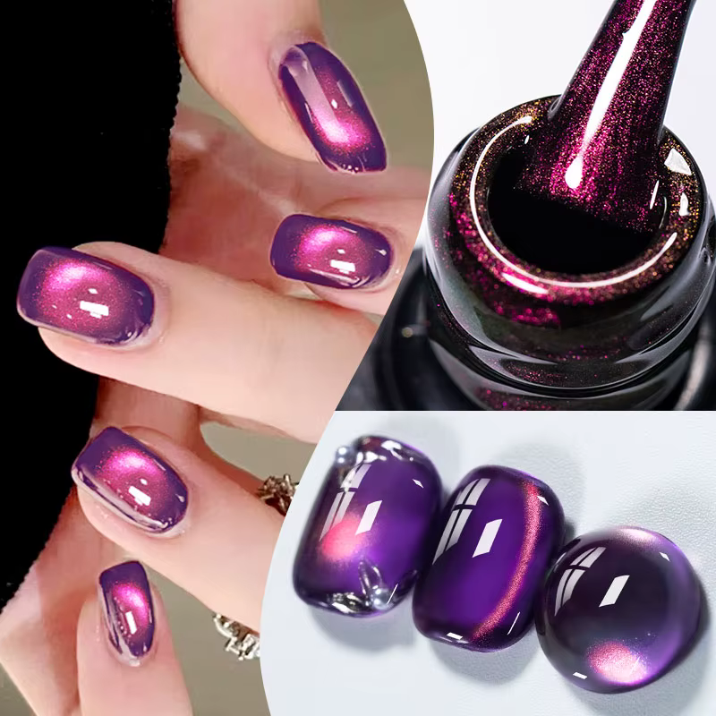 Vernis à ongles Gel magnétique chat flamme violet-doré, paillettes scintillantes colorées, Semi-Perm