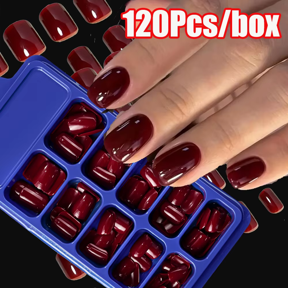 120 pièces cerise rouge court carré presse sur ongles 1 * boîte brillant rouge ongles carrés faux on
