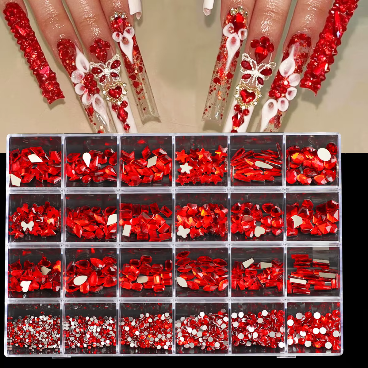 1 boîte de kits de diamants pour ongles 3D multi-formes-24 grilles de pierres précieuses en cristal 