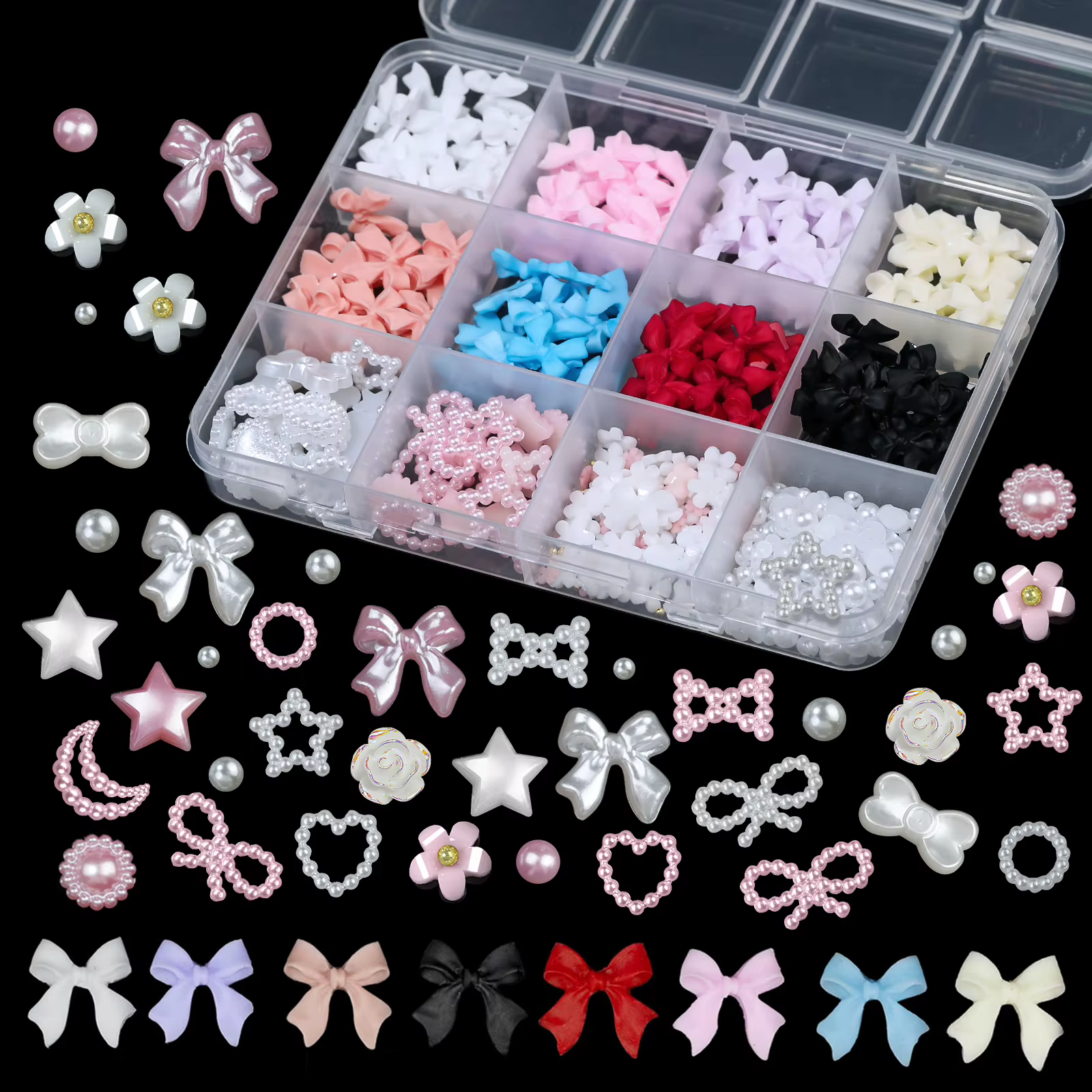12 grilles mélangées de couleurs 3D, nœud en résine, perle, cœur, dos plat, diamant, décoration Nail