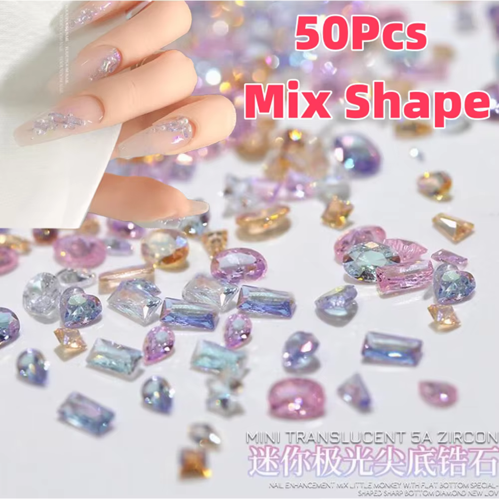 Mini breloques en Zircon pour Nail Art, 50 pièces/sac 5A, mélange de formes scintillantes, fond plat