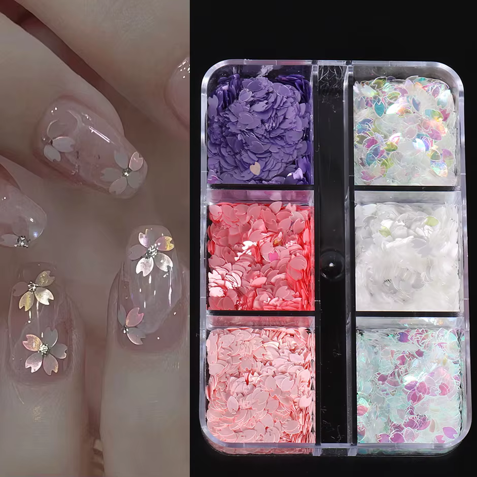 6 grilles Sakura fleur pétale puce ongles paillettes fleurs de cerisier paillettes autocollants prin