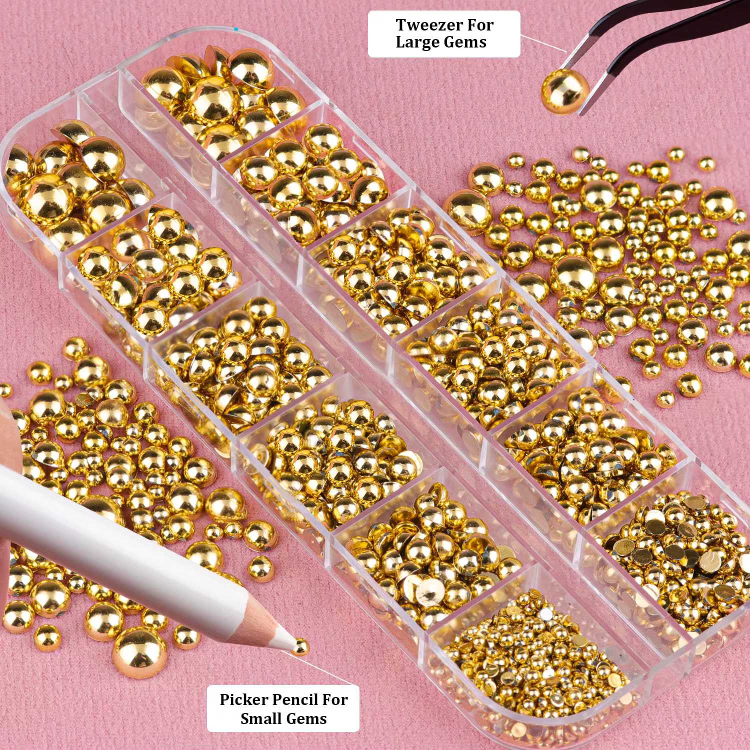 12 grille/boîte 3D or argent demi-rondes perles en acier breloques pour ongles 2-8MM Flatback perle 