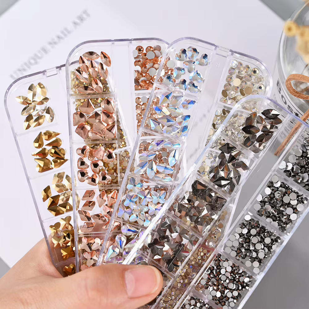 Strass 3D or/Champagne pour Nail Art, 12 grilles, formes mixtes, diamants en verre à dos plat, brelo