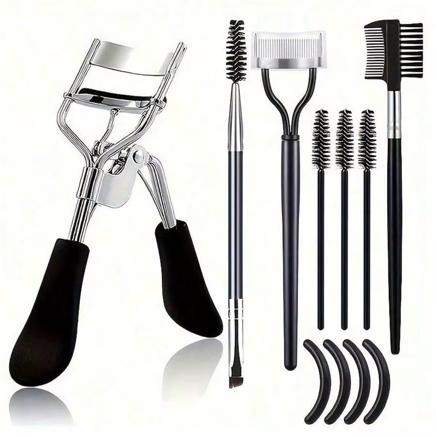 Kit de toilettage de cils 11 en 1, comprend un recourbe-cils avec séparateur de peigne, une baguette
