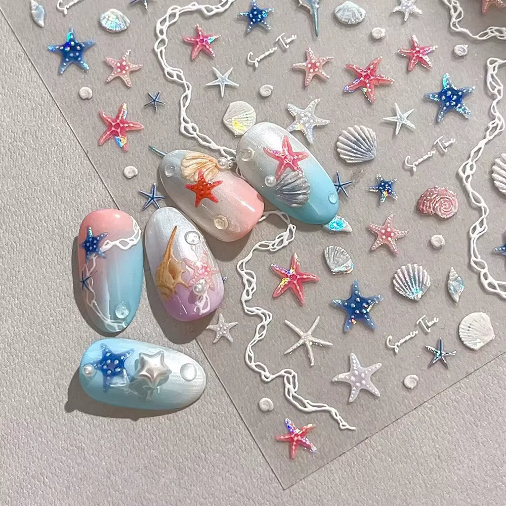 Autocollants pour ongles thème mer d'été, coquilles brillantes, étoile de mer, sirène, conque, plage