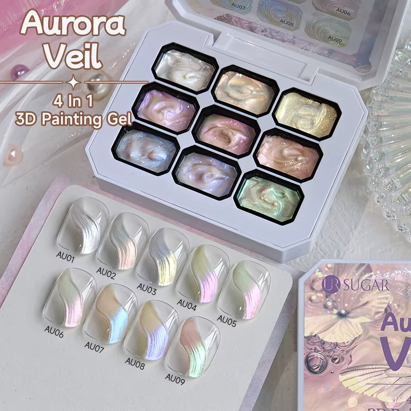 UR SUGAR Gel de Peinture 3D 4-en-1, Palette de 9 Couleurs Effet Aurore pour Nail Art, Gel Semi-Solid