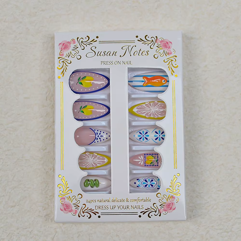 24 faux ongles français mignons à presser, motif citron, pour l'été, taille moyenne, en amande, pour
