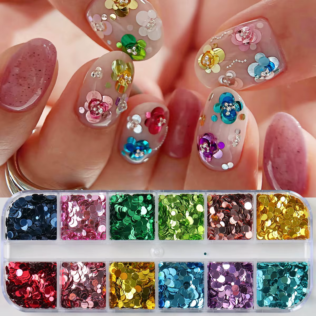 12 Grilles de Paillettes 3D pour Nail Art, Motifs Fleurs et Pois, Scintillantes, Rondes, Couleurs Ma